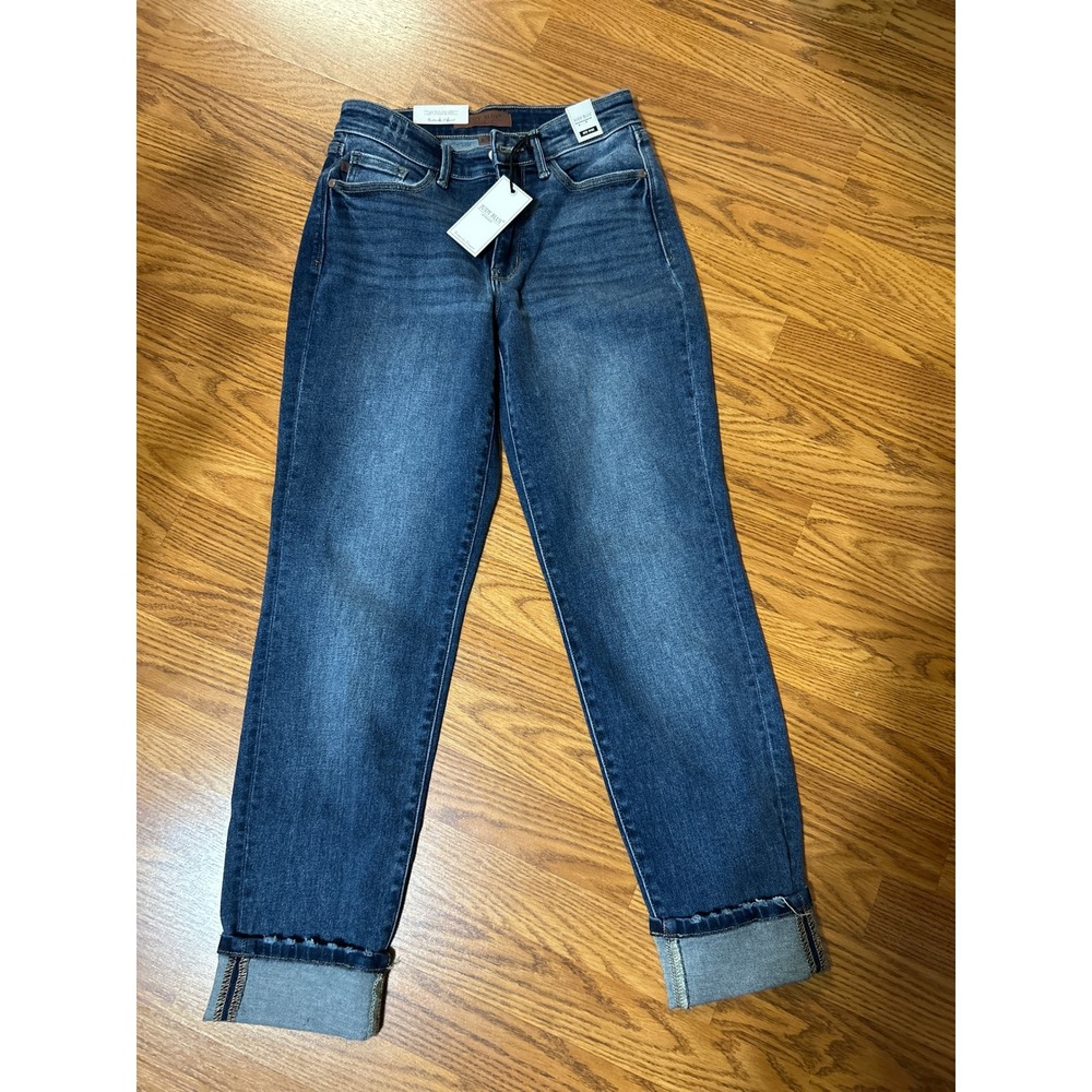 Judy Blue Mid Rise Boyfriend Fit Jeans Dark Wash‎ Cuffed Distressed Size 3/26